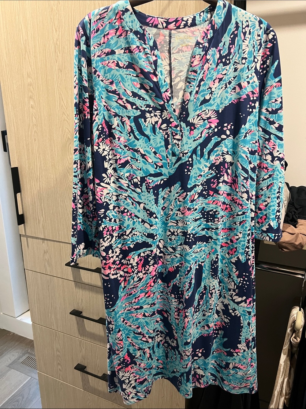 Lilly Pulitzer Navy Midi Dress with Turquoise & Pink Floral Print